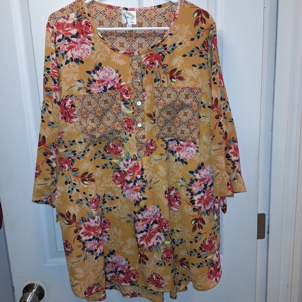 fig and flower Mustard Yellow Floral Tunic Blouse
